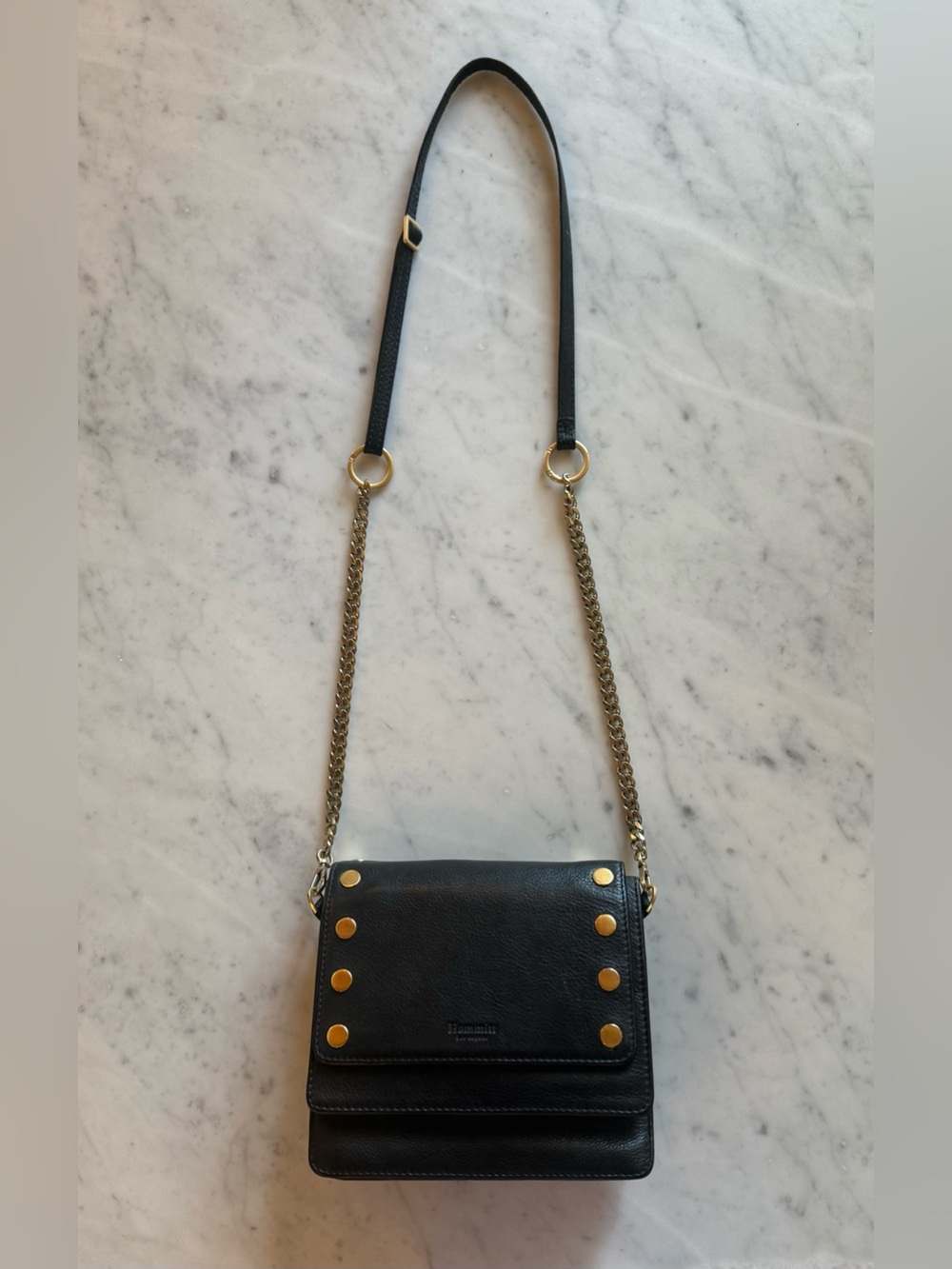 Gently worn Hammitt Black Leather Crossbody Bag with Gold Studs